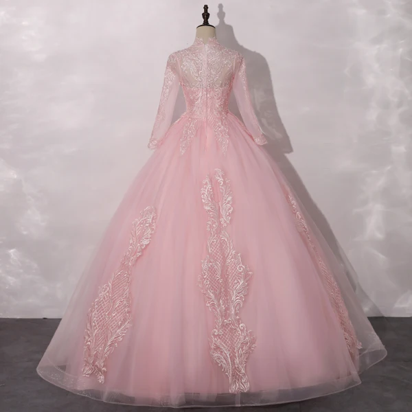 Vintage / Retro Candy Pink See-through Dancing Prom Dresses 2020 Ball Gown High Neck Long Sleeve Appliques Lace Floor-Length / Long Ruffle Formal Dresses