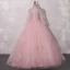 Vintage / Retro Candy Pink See-through Dancing Prom Dresses 2020 Ball Gown High Neck Long Sleeve Appliques Lace Floor-Length / Long Ruffle Formal Dresses