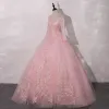 Vintage / Retro Candy Pink See-through Dancing Prom Dresses 2020 Ball Gown High Neck Long Sleeve Appliques Lace Floor-Length / Long Ruffle Formal Dresses