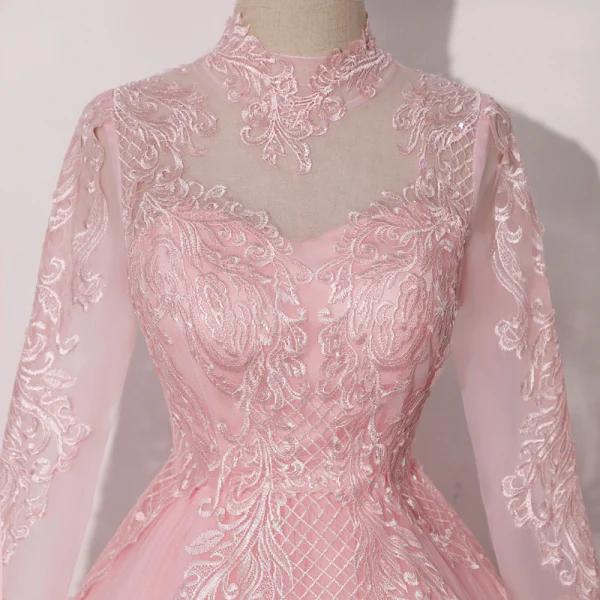 Vintage / Retro Candy Pink See-through Dancing Prom Dresses 2020 Ball Gown High Neck Long Sleeve Appliques Lace Floor-Length / Long Ruffle Formal Dresses