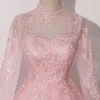 Vintage Pink Durchsichtige Tanzen Ballkleider 2020 Ballkleid Stehkragen Lange Ärmel Applikationen Spitze Lange Rüschen Festliche Kleider