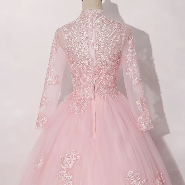 Vintage / Retro Candy Pink See-through Dancing Prom Dresses 2020 Ball Gown High Neck Long Sleeve Appliques Lace Floor-Length / Long Ruffle Formal Dresses