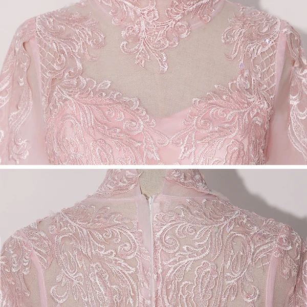 Vintage / Retro Candy Pink See-through Dancing Prom Dresses 2020 Ball Gown High Neck Long Sleeve Appliques Lace Floor-Length / Long Ruffle Formal Dresses