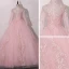 Vintage / Retro Candy Pink See-through Dancing Prom Dresses 2020 Ball Gown High Neck Long Sleeve Appliques Lace Floor-Length / Long Ruffle Formal Dresses
