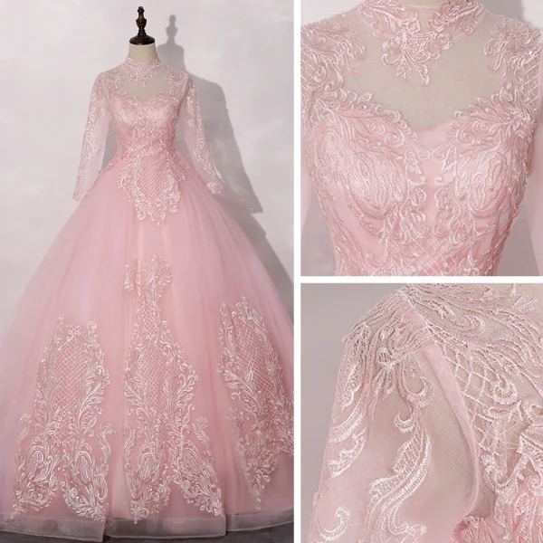 Vintage / Retro Candy Pink See-through Dancing Prom Dresses 2020 Ball Gown High Neck Long Sleeve Appliques Lace Floor-Length / Long Ruffle Formal Dresses