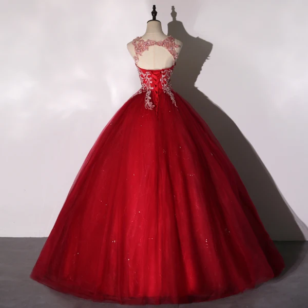 Roman Burgundy Dancing Prom Dresses 2020 Ball Gown Scoop Neck Sleeveless Appliques Lace Floor-Length / Long Ruffle Backless Formal Dresses