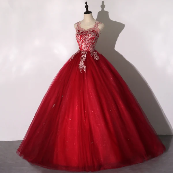 Roman Burgundy Dancing Prom Dresses 2020 Ball Gown Scoop Neck Sleeveless Appliques Lace Floor-Length / Long Ruffle Backless Formal Dresses