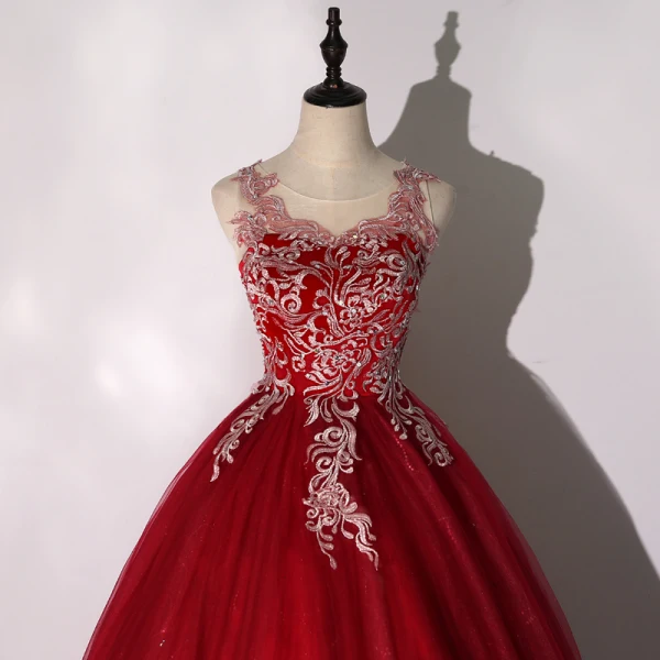 Roman Burgundy Dancing Prom Dresses 2020 Ball Gown Scoop Neck Sleeveless Appliques Lace Floor-Length / Long Ruffle Backless Formal Dresses