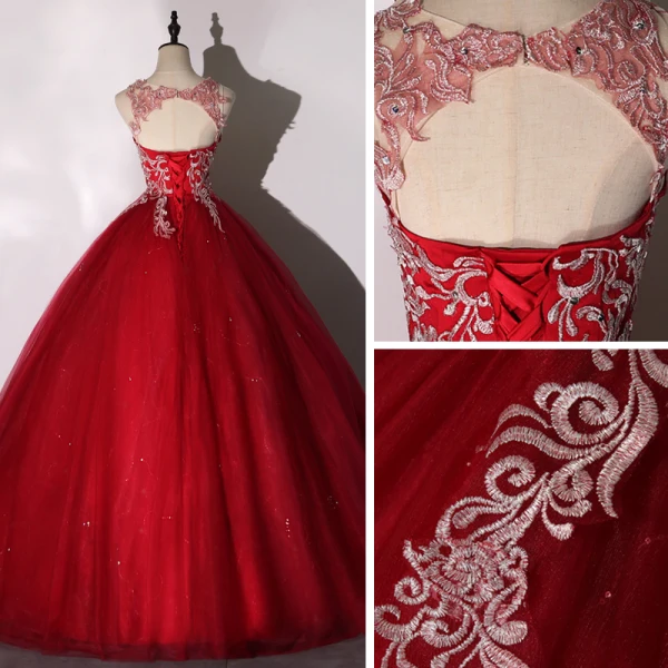 Roman Burgundy Dancing Prom Dresses 2020 Ball Gown Scoop Neck Sleeveless Appliques Lace Floor-Length / Long Ruffle Backless Formal Dresses