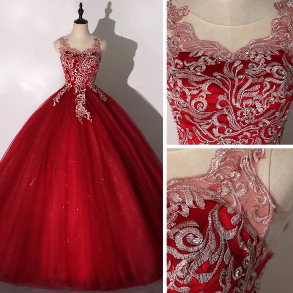 Roman Burgundy Dancing Prom Dresses 2020 Ball Gown Scoop Neck Sleeveless Appliques Lace Floor-Length / Long Ruffle Backless Formal Dresses