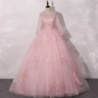 Vintage Originale Rose Bonbon Transparentes Dansant Robe De Bal 2020 Robe Boule V Cou Manches Longues Appliques En Dentelle Longue Volants Robe De Ceremonie