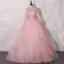 Vintage / Retro Candy Pink See-through Dancing Prom Dresses 2020 Ball Gown V-Neck Long Sleeve Appliques Lace Floor-Length / Long Ruffle Formal Dresses