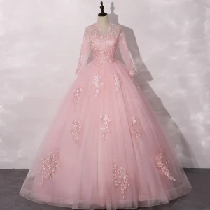 Vintage Retro Candy Pink See Through Dancing Prom Dresses 2020 Ball Gown V Neck Long Sleeve Appliques Lace Floor Length Long Ruffle Formal Dresses