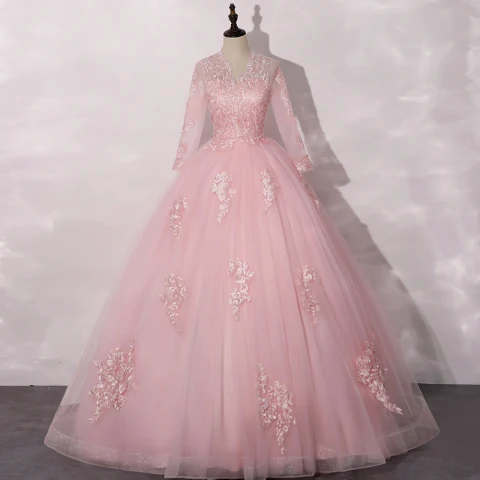 Vintage Pink Durchsichtige Tanzen Ballkleider 2020 Ballkleid V-Ausschnitt Lange Ärmel Applikationen Spitze Lange Rüschen Festliche Kleider