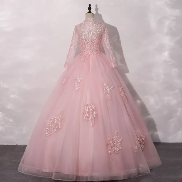 Vintage / Retro Candy Pink See-through Dancing Prom Dresses 2020 Ball Gown V-Neck Long Sleeve Appliques Lace Floor-Length / Long Ruffle Formal Dresses