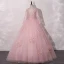 Vintage / Retro Candy Pink See-through Dancing Prom Dresses 2020 Ball Gown V-Neck Long Sleeve Appliques Lace Floor-Length / Long Ruffle Formal Dresses
