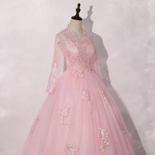 Vintage / Retro Candy Pink See-through Dancing Prom Dresses 2020 Ball Gown V-Neck Long Sleeve Appliques Lace Floor-Length / Long Ruffle Formal Dresses