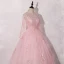 Vintage / Retro Candy Pink See-through Dancing Prom Dresses 2020 Ball Gown V-Neck Long Sleeve Appliques Lace Floor-Length / Long Ruffle Formal Dresses