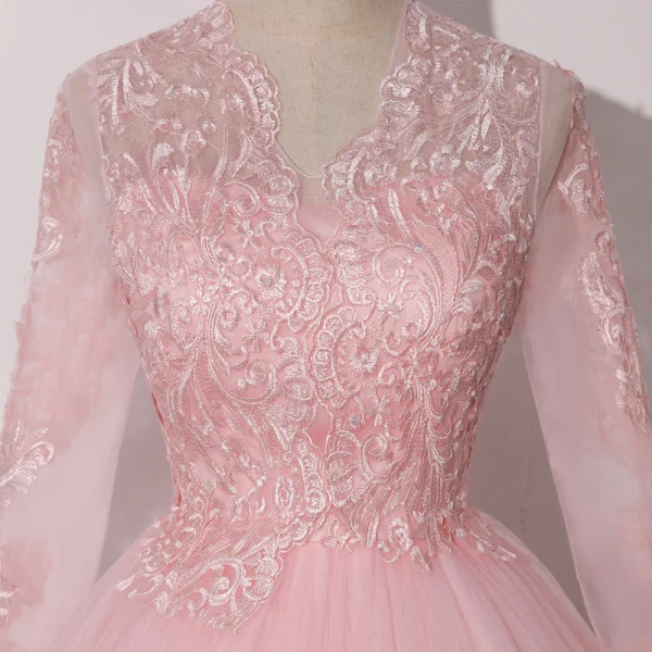 Vintage / Retro Candy Pink See-through Dancing Prom Dresses 2020 Ball Gown V-Neck Long Sleeve Appliques Lace Floor-Length / Long Ruffle Formal Dresses