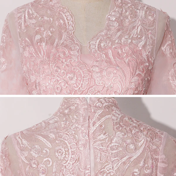 Vintage / Retro Candy Pink See-through Dancing Prom Dresses 2020 Ball Gown V-Neck Long Sleeve Appliques Lace Floor-Length / Long Ruffle Formal Dresses