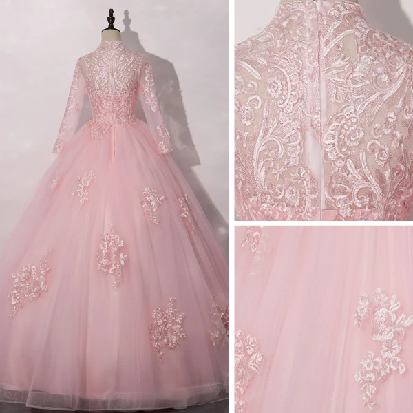 Vintage / Retro Candy Pink See-through Dancing Prom Dresses 2020 Ball Gown V-Neck Long Sleeve Appliques Lace Floor-Length / Long Ruffle Formal Dresses