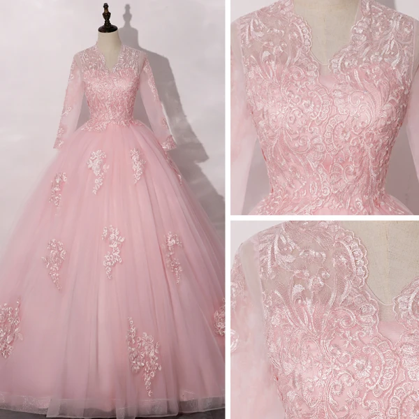 Vintage / Retro Candy Pink See-through Dancing Prom Dresses 2020 Ball Gown V-Neck Long Sleeve Appliques Lace Floor-Length / Long Ruffle Formal Dresses
