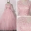 Vintage / Retro Candy Pink See-through Dancing Prom Dresses 2020 Ball Gown V-Neck Long Sleeve Appliques Lace Floor-Length / Long Ruffle Formal Dresses