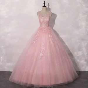 Roman Candy Pink Dancing Prom Dresses 2020 Ball Gown Scoop Neck Sleeveless Appliques Lace Sequins Floor Length Long Ruffle Backless Formal Dresses