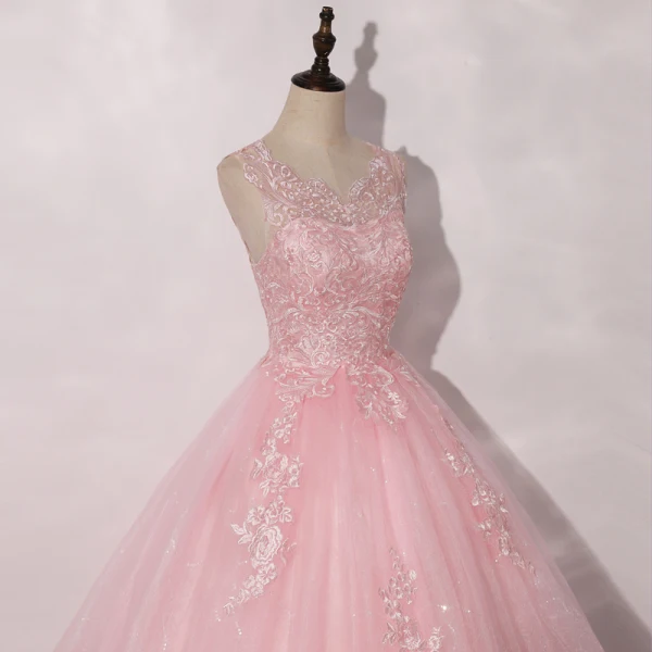 Romain Rose Bonbon Dansant Robe De Bal 2020 Robe Boule Encolure Dégagée Sans Manches Appliques En Dentelle Paillettes Longue Volants Dos Nu Robe De Ceremonie
