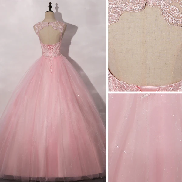 Romain Rose Bonbon Dansant Robe De Bal 2020 Robe Boule Encolure Dégagée Sans Manches Appliques En Dentelle Paillettes Longue Volants Dos Nu Robe De Ceremonie