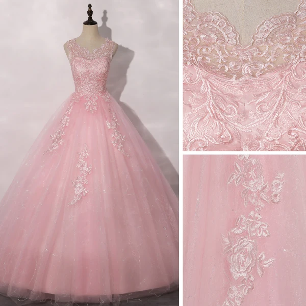 Romain Rose Bonbon Dansant Robe De Bal 2020 Robe Boule Encolure Dégagée Sans Manches Appliques En Dentelle Paillettes Longue Volants Dos Nu Robe De Ceremonie