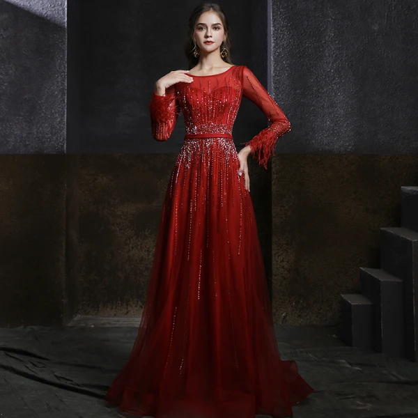 Meilleur Bordeaux Transparentes Robe De Soirée 2020 Princesse Encolure Dégagée Manches Longues Ceinture Plumes Perlage Paillettes Train De Balayage Volants Dos Nu Robe De Ceremonie