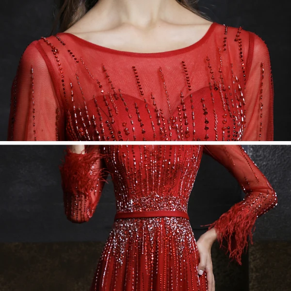 Meilleur Bordeaux Transparentes Robe De Soirée 2020 Princesse Encolure Dégagée Manches Longues Ceinture Plumes Perlage Paillettes Train De Balayage Volants Dos Nu Robe De Ceremonie