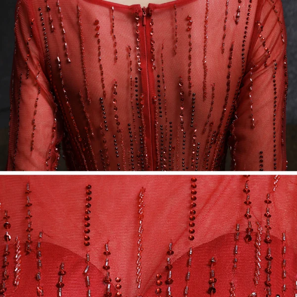 Meilleur Bordeaux Transparentes Robe De Soirée 2020 Princesse Encolure Dégagée Manches Longues Ceinture Plumes Perlage Paillettes Train De Balayage Volants Dos Nu Robe De Ceremonie