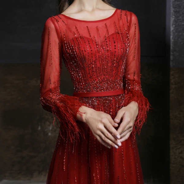 Meilleur Bordeaux Transparentes Robe De Soirée 2020 Princesse Encolure Dégagée Manches Longues Ceinture Plumes Perlage Paillettes Train De Balayage Volants Dos Nu Robe De Ceremonie