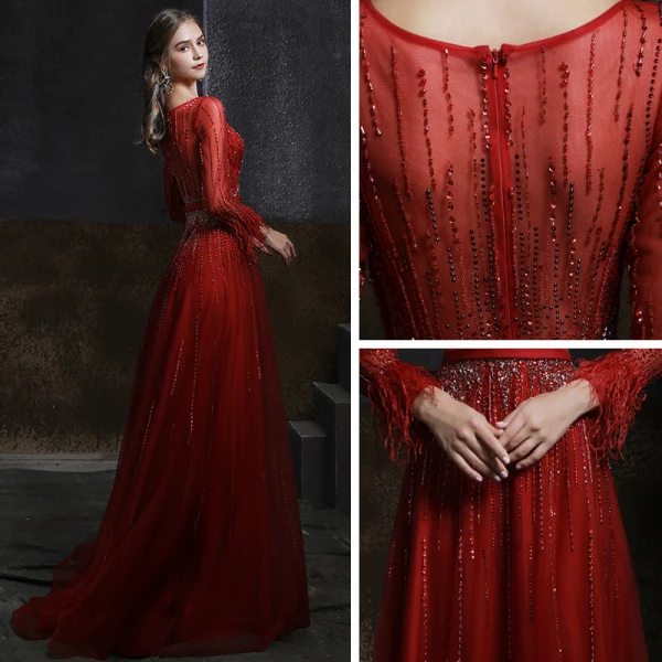 Meilleur Bordeaux Transparentes Robe De Soirée 2020 Princesse Encolure Dégagée Manches Longues Ceinture Plumes Perlage Paillettes Train De Balayage Volants Dos Nu Robe De Ceremonie