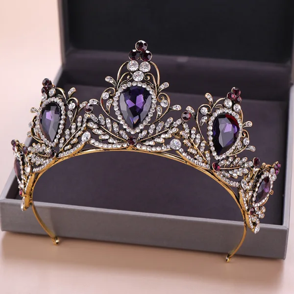 Vintage Złote Tiara Ozdoby Do Włosów Ślubne 2020 Stop Fioletowe Rhinestone Ślub Akcesoria