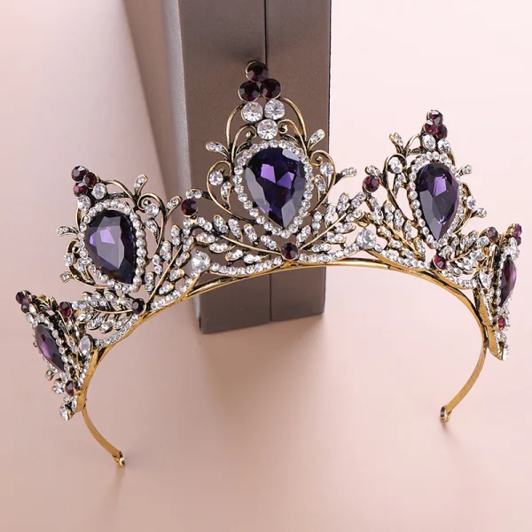 Vintage Złote Tiara Ozdoby Do Włosów Ślubne 2020 Stop Fioletowe Rhinestone Ślub Akcesoria