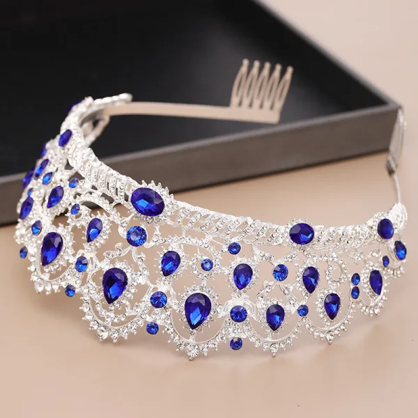 Vintage Królewski Niebieski Tiara 2020 Stop Rhinestone Ozdoby Do Włosów Ślubne