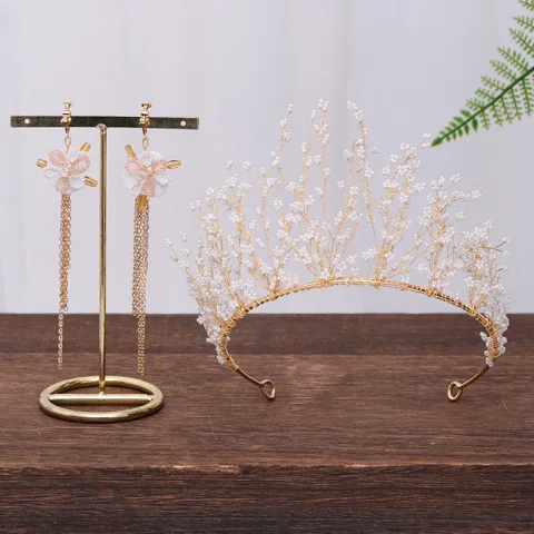 Chic / Beautiful Gold Bridal Jewelry 2020 Alloy Beading Tassel Earrings Tiara Wedding Accessories
