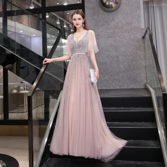 Haut De Gamme Rougissant Rose Robe De Soirée 2020 Princesse Col V Profond Manches Courtes Ceinture Paillettes Perlage Train De Balayage Volants Dos Nu Robe De Ceremonie