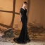 Haut de Gamme Noire Robe De Soirée 2020 Trompette / Sirène V-Cou Manches Courtes Paillettes Fait main Perlage Train De Balayage Robe De Ceremonie