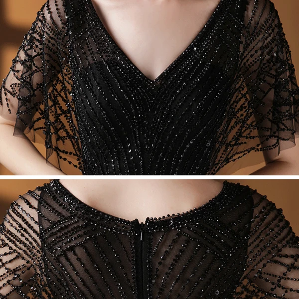 Haut de Gamme Noire Robe De Soirée 2020 Trompette / Sirène V-Cou Manches Courtes Paillettes Fait main Perlage Train De Balayage Robe De Ceremonie