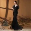 Haut de Gamme Noire Robe De Soirée 2020 Trompette / Sirène V-Cou Manches Courtes Paillettes Fait main Perlage Train De Balayage Robe De Ceremonie