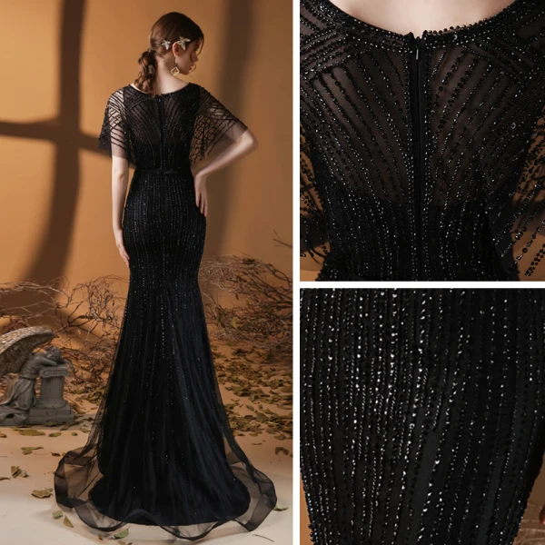 Haut de Gamme Noire Robe De Soirée 2020 Trompette / Sirène V-Cou Manches Courtes Paillettes Fait main Perlage Train De Balayage Robe De Ceremonie