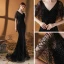 Haut de Gamme Noire Robe De Soirée 2020 Trompette / Sirène V-Cou Manches Courtes Paillettes Fait main Perlage Train De Balayage Robe De Ceremonie