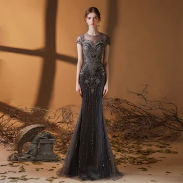 Haut De Gamme Marron Transparentes Tapis Rouge Robe De Soirée 2020 Trompette Sirène Encolure Dégagée Sans Manches Fait Main Perlage Paillettes Longue Volants Robe De Ceremonie