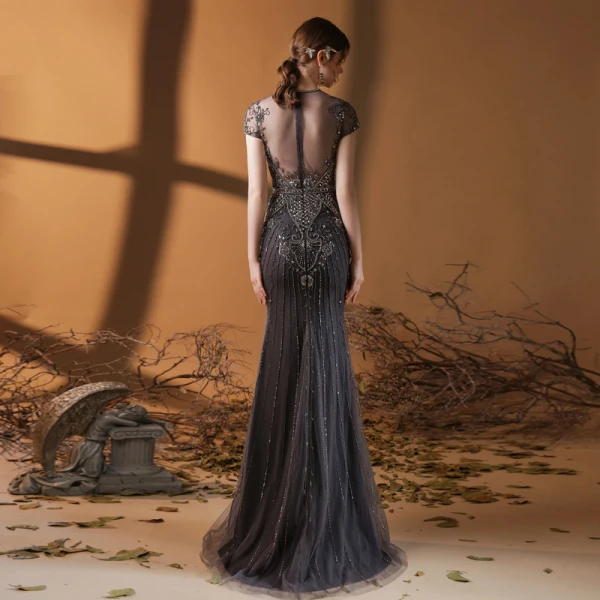 Haut de Gamme Marron Transparentes Tapis rouge Robe De Soirée 2020 Trompette / Sirène Encolure Dégagée Sans Manches Fait main Perlage Paillettes Longue Volants Robe De Ceremonie