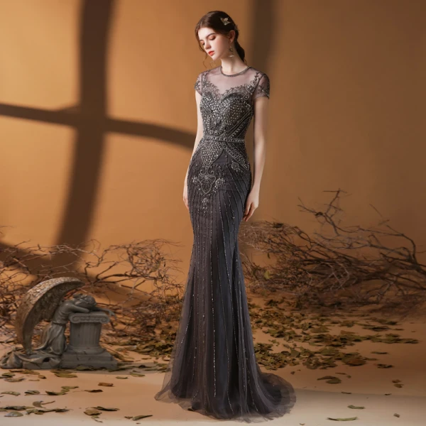 Haut de Gamme Marron Transparentes Tapis rouge Robe De Soirée 2020 Trompette / Sirène Encolure Dégagée Sans Manches Fait main Perlage Paillettes Longue Volants Robe De Ceremonie