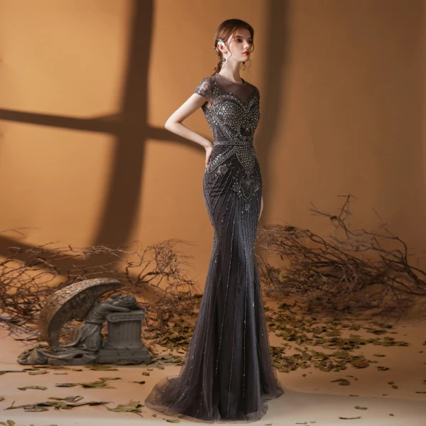 Haut de Gamme Marron Transparentes Tapis rouge Robe De Soirée 2020 Trompette / Sirène Encolure Dégagée Sans Manches Fait main Perlage Paillettes Longue Volants Robe De Ceremonie